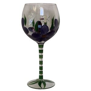 Hand Painted Purple Flower Butterfly Wine Glass